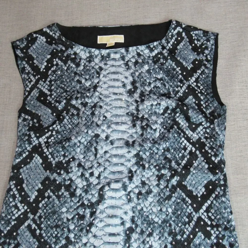 Michael Kors Dress Womens S Blue Gray Snake Skin Rhinestones Sleeveless Sheath